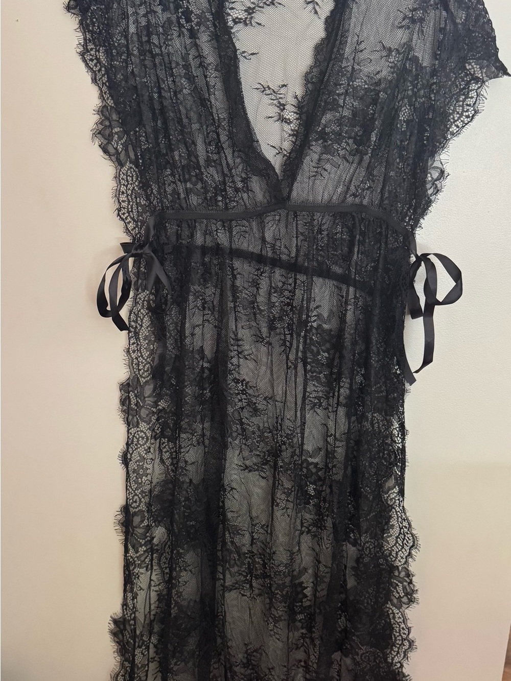 Sheer Black Lace Robe with Satin Tie - Elegant Women's Sleepwear